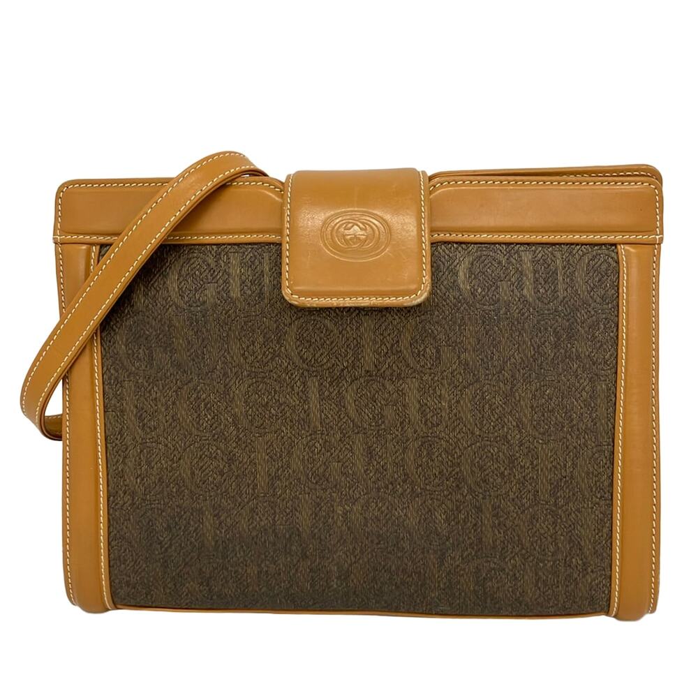 Gucci Old Gucci Shoulder Bag Gray Light Brown Jacquard Leather